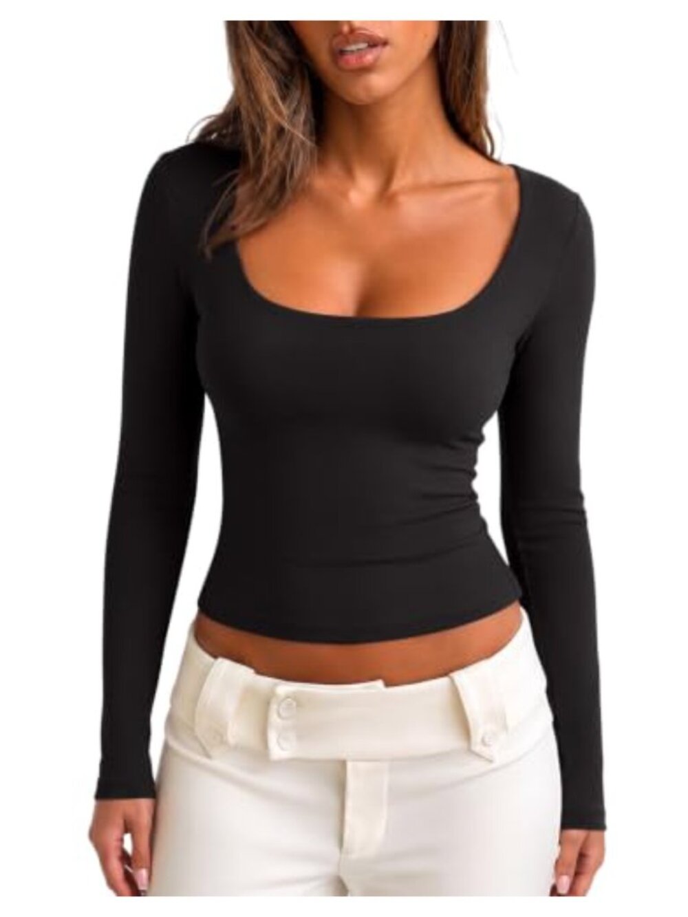 Square Neck Long Sleeve Double Lined Slim Fit T-Shirt
